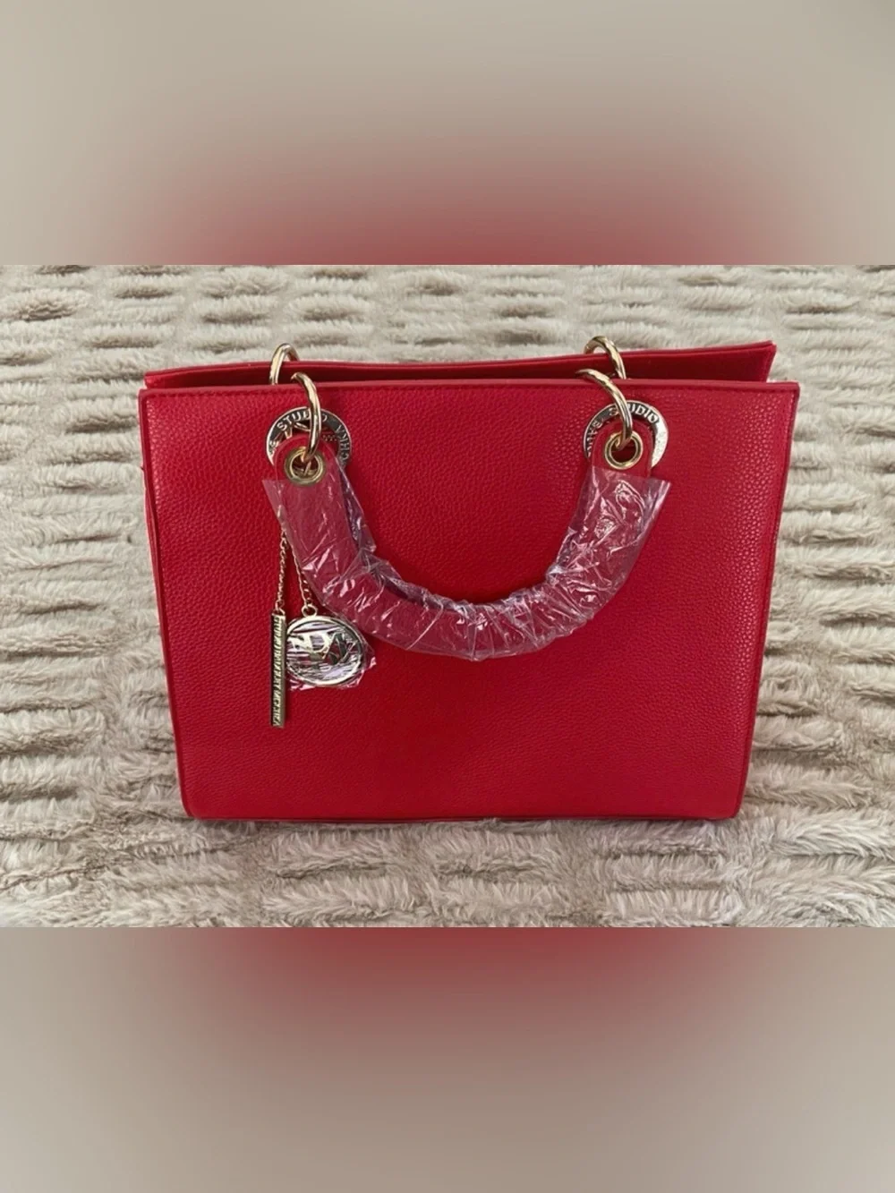 Badgley Mischka Red Pebbled Leather Satchel with Gold Hardware